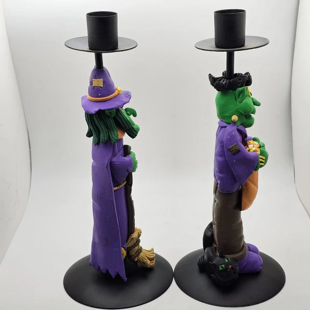 Halloween Candlestick Holders Witch & Frankenstein Polymer Clay 9.0